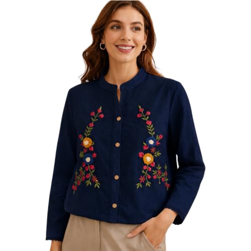 Image of RIEKA Womens Off White Cotton Shirt with Multicolour Floral Embroidery Button Down Mandarin Collar Relaxed Fit Casual Wear Top