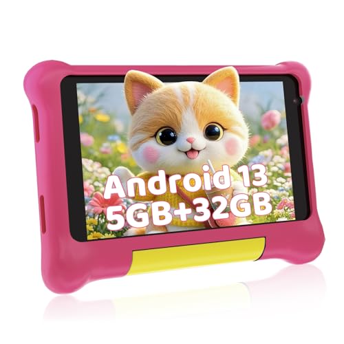 Vekoy Tablette Enfants 7 Pouces Android 13 Tablette pour Enfant 5GB RAM 32GB ROM(TF 128GB) Contrôle Parental, GMS, WiFi, Bluetooth, Kids Tablette Tactile Éducative avec Kid-Proof Étui (Rose)