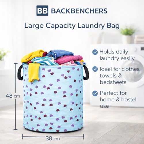 Image of Printed Laundry Basket 48L | Foldable Storage Bag with Handles | Multipurpose Clothes Hamper for Bedroom, Bathroom & Dorm | Non-Woven Fabric (Heart Print) | Blue | Pack of 1