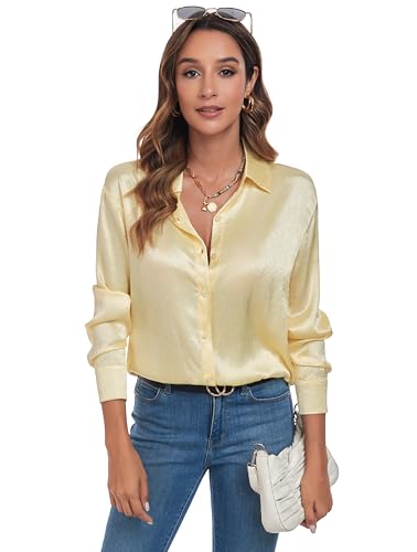 Atnlewhi Women's Long Sleeve Button Down Satin Silk Texture Shirts Casual Business Smooth Blouse Tops3