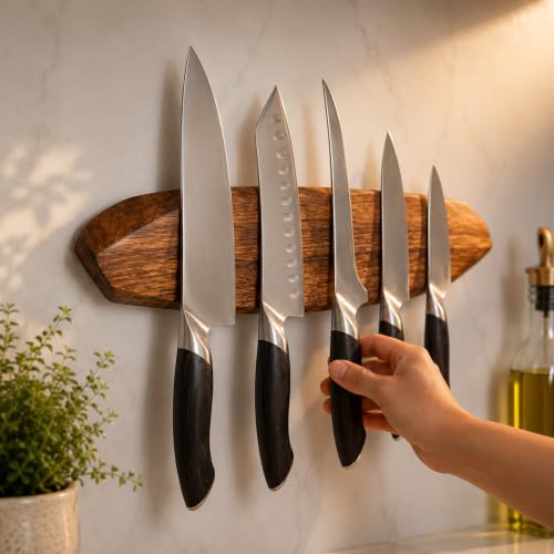 Image of Ibyx Magnetic Knife Holder - Acacia Wooden Wall-Mount Magnetic Knife Strip & Organizer with 3M No-Drill & Screw Mount Options, Water-Resistant Universal Knife Holder | 16 Inches, Capacity 8.8 lb