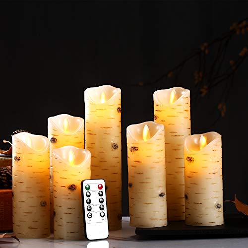 Flameless Candles with Birch Bark Effect Battery Operated Candles 5"5"6"6”7"8"9” Set of 7 Ivory Real Wax Pillar Dancing LED Flames Candles with 10-Key Remote Control and Cycling 24 Hours Time