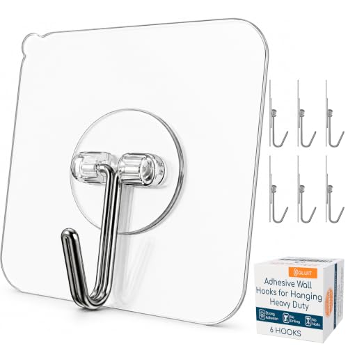 Image of GLUIT Adhesive Wall Hooks for Hanging Heavy Duty 22 lbs Hooks for Walls No Drill, Towel Sticky Clear Hook, Waterproof, Home, Bathroom, Kitchen, Office, and Outdoor 6 Pack