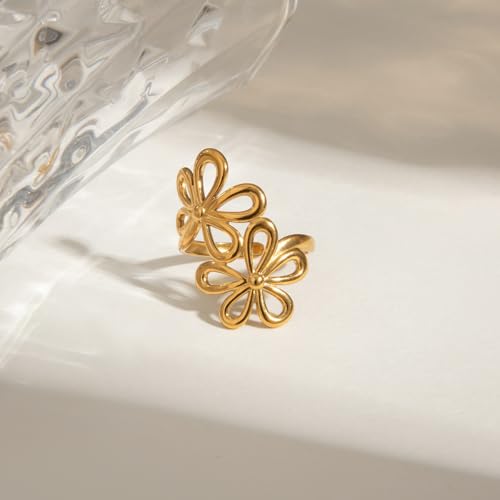 Kokoma Minimalist Double Flower Ring for Women Floral Statement Ring Vintage Expandable Open Stacking Rings Eternity Promise Fashion Jewelry Comfort Fit4