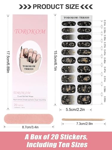 TOROKOM Tiras de unhas de gel semicuradas, tiras de unhas de gel de lua preta de longa duração, à pr