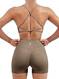 SUUKSESS Women Seamless 2 piece Workout Sets Strappy Padded Sports Bra Booty High Waisted Shorts Outfits (Dark Coffee,S)