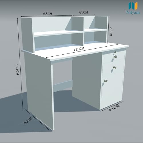 Image of Nityam Multipurpose Computer Table with Drawer | Study Table with Book Shelf for Student |Office Table for Work Home (Color-White)
