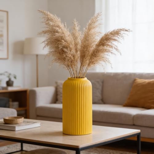 Image of Yellow Ribbed Ceramic Flower Vase 6 Inch Matte Pampas Grass & Dried Flower Vase for Home & Office Table Decor Decorative Centerpiece Gift - Vase Only