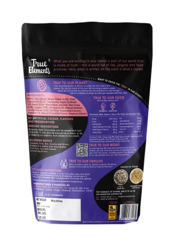 True Elements Granola Dark Chocolate 400g - Baked Granola | Almonds, Berries & Dark Chocolate | Granola for Breakfast | High Fibre Cereal | Diet Snack