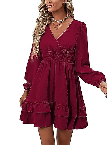 MAFA-Vestido-a-Lunares-Manga-Larga-para-Mujer-Vestido-Corto-Casual-con-Cuello-en-V-Floral-Vestidos-Playa-con-Dobladillo-con-Volantes-Y-Cintura-Elastica-Borgona-XL