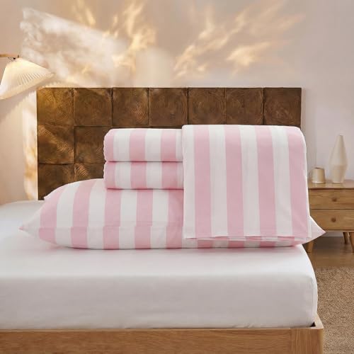 Image of Merryword 100% Cotton Sheet Set Full Size - Pink and White Stripes Bedding, Soft Breathable Percale Weave, Wide Stripe Deep Pocket Sheet 17.5 inch, Luxury Linen Like, 4-Piece All Season Bedding