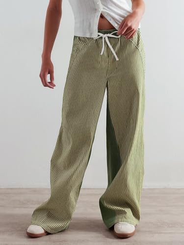 Low Rise Striped Pants for Women Pull On Drawstring Boho Wide Leg Jeans Trendy 20252