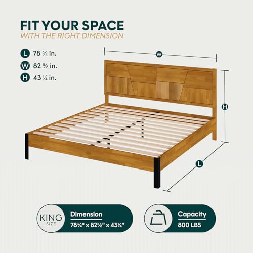 Image of Bme Trapeze King Bed Frame - Modern Solid Wood Bed with Smooth Pattern Headboard, Black Metal Legs, Teak Brown Finish - Durable King Size Platform Bed for Contemporary Bedrooms