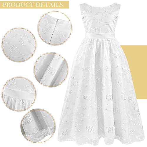Xuhal 3 Pcs Girls First Communion Costume Set, White Lace Flower Girl Dress with Belt Floral Crown Head Wreath with Veil3