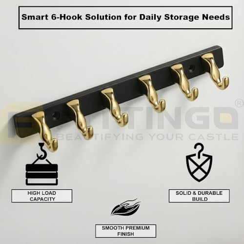 Image of 6 Hook Modern Bathroom Hooks for Hanging /Cloth Hooks for Door Back Side /Cloth Hanger for Wall (Gold with Black) Pack of 2-| 3 Years Warranty |