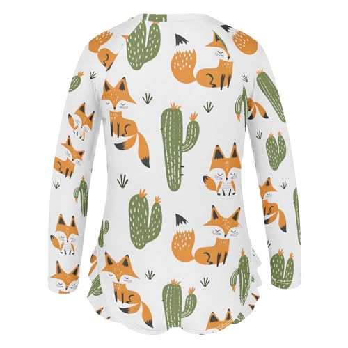 Fox and Cactus Girls Long Sleeve Swimsuit Rash Guard One Piece Bathing Suits Zipper 3-12T3