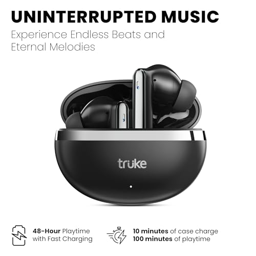 Image of truke Q1 Lite True Wireless in Ear Earbuds, 48H Playtime Ear Buds, Crystal-Clear Calls, Fast Charging, Elegant Royal Design, Bluetooth 5.4, Noise Cancellation, Gaming Mode (Silver)