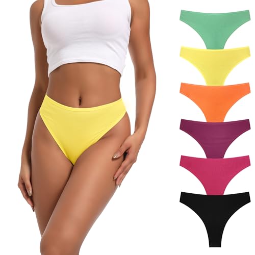 Image of High Waist Thong Women Ribbed Cotton Panties S-4XL Pack 6 | Auithery High Waist Thong Underwear Women Ribbed Cotton Tummy Control Thongs Panties Size S-4XL Pack 6
