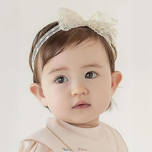 Baby Girls Bow Lace Headband Cute Soft Hairband White Butterfly Knot Headbands for Newborn Infants Toddlers Kids Christening Baptism Birthday Party Hair Accessories（Beige）3