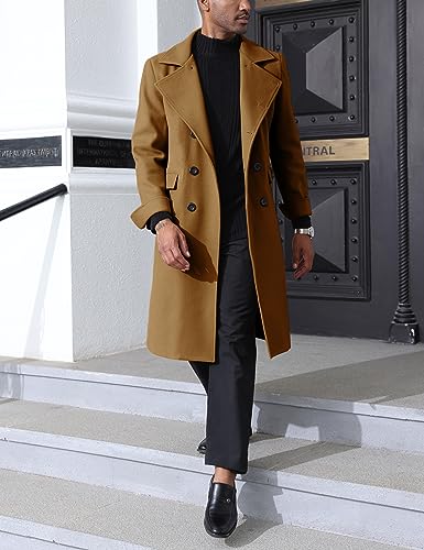 Springrain Men's Pea Coat Double Breasted Overcoat Lapel Coat Classic Long Trench Coat4