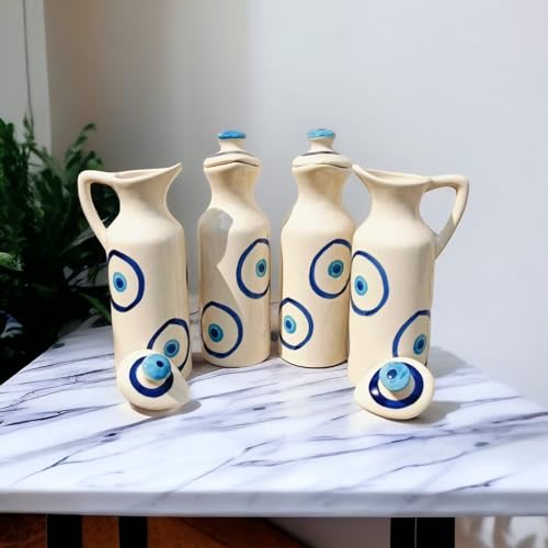 Image of MALAIKAH Ceramic Oil Dispenser Evil Eye Pack of 4 for Kitchen, Dining, Gifting, Home & Kitchen Decor