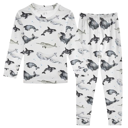 Vozoza Whales Narwhal Beluga Pajama Sets Long Sleeve Top with Pants Cotton Soft Sleepwear 2 Piece Pjs Set Size 3T