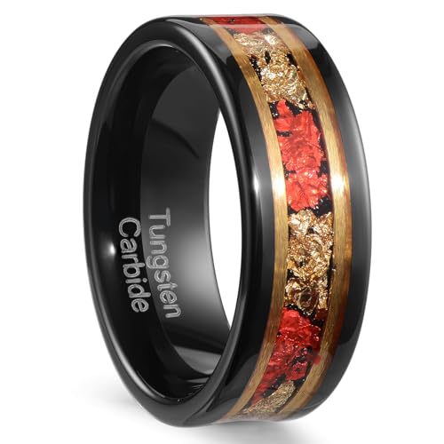 8mm Men's Tungsten Ring Engagement Wedding Ring, Red and Gold Inlay, Black Shiny, Size 7-14, Comes with Gift Box