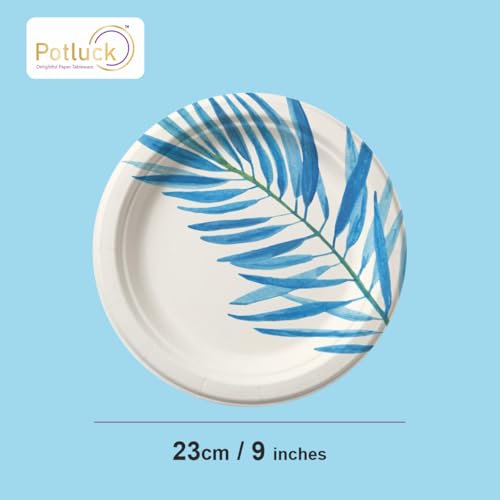 Image of Potluck Blue Leaf Disposable Paper Plates | Pack of 10 Plates | 9 Inch Food Safe, Sturdy, Leak Free Plates for Parties, Events, Birthdays, Festive Celebrations |Snacks & Meal Serving Pack