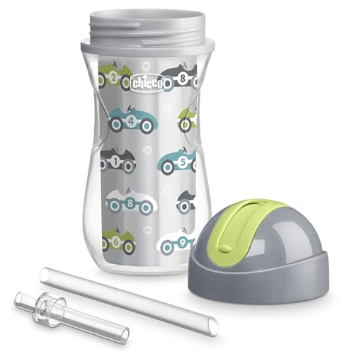Image of Chicco Insulated Straw Sippy Cup 12+ Months, 9oz Toddler Training Cup with Spill-Free Flip-Top Lid, BPA-Free 2-Pack, Cars /Checkers