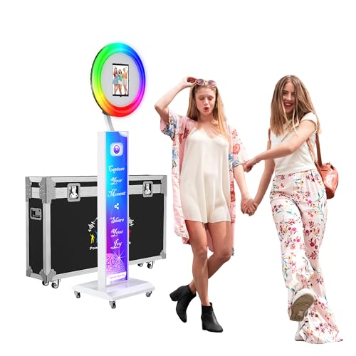 JIYANG Portable Photo Booth Compatible with Ipad 12.9in 11in 10.9in 10.2in, Photo Booth Machine with Software APP Control,Music Sync,Free Custom Logo,Flight Case,for Parties,Wedding,Events(White)