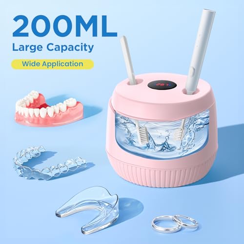 Image of Dental Ultrasonic Retainer Cleaner Machine: 45kHz Dental Cleaning Pod with Digital Timer & 200ML, Cleaning for Dentures, Mouth Guards, Aligners, Night Guards, Braces, Toothbrush Heads & Jewelry, Pink