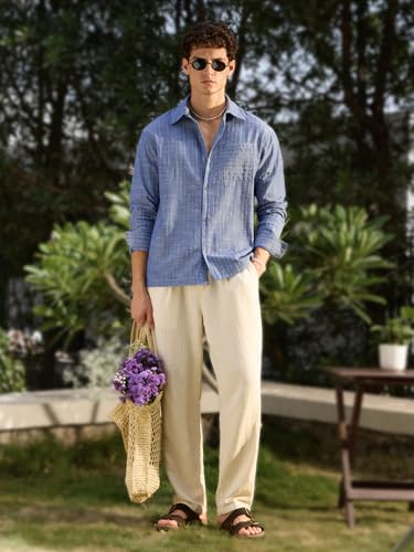 Image of The Souled Store Textured Shirt: Blue Haze Men and Boys Long Sleeve Spread Collar Blue Solid Textured Lightweight Easy to Style Everyday Office Wear Cotton Relaxed Shirt