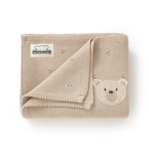 mimixiong Organic Cotton Baby Blanket Neutral Knitted Soft Crib Nursery Swaddling Receiving Blankets for Newborn Baby Boy Girl 40x30 Inch (Oatmeal)
