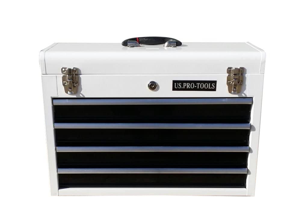 ORIGINAL US PRO TOOLS TOOL BOX TOOL CABINET 4 DRAWER HAND HELD TOOL CHEST PORTABLE WHITE WITH BLACK