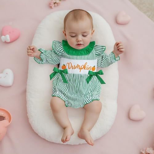 FYBITBO Halloween Baby Girl Outfits Pumpkin Bubble Romper Smocked Long Sleeve Onesie Bodysuit Cute Newborn Infant Clothes4