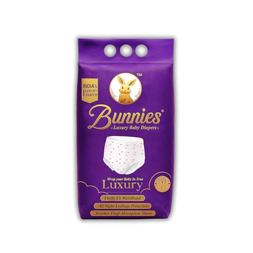 Image of Bunnies Premium All Night Absorb Pant Style Baby Diapers, Extra Large (XL) Size 12-18kg, Pack of 12 Ultra Soft Babies Diapers with Leakage Guard & Anti-Bacterial with 12 Hours Absorption