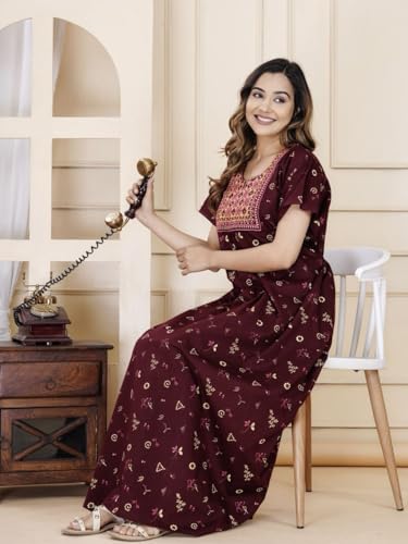 Image of DIAMO Pure Cotton Embroidery Nighty for Women, Cotton Night Gown, Night Maxi Gown, Cotton Nighty with a Pocket and Adjustable Knot