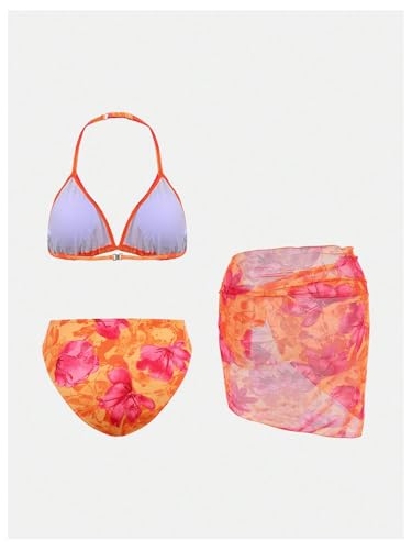 OYOANGLE Girl's 3 Piece Triangle Swimsuits Floral Print High Waisted Halter Bikini Set with Cover Up Skirt2