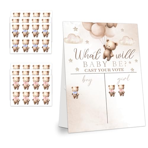 LNOKRIM Gender Reveal Party Games, Teddy Theme Baby Gender Reveal Voting Board Sign, 48 Boys Girls Teddy Voting Stickers, He or She, Baby Gender Reveal Party Decorations Games for Boy or Girl Shower