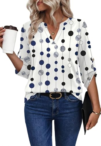 Image of XIEERDUO 3 /4 Length Sleeve Womens Tops V Neck T Shirts Both Side Buttons Blouses Business Casual Outfits Loose Fit