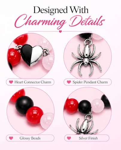 Image of Spider-Man Inspired Couple Bracelets 2pcs - Magnetic Attraction Heart Charm, Glass Beads, Spider Pendant, Marvel Theme Party Accessory, Valentine's Day Gift, Suitable for All Seasons