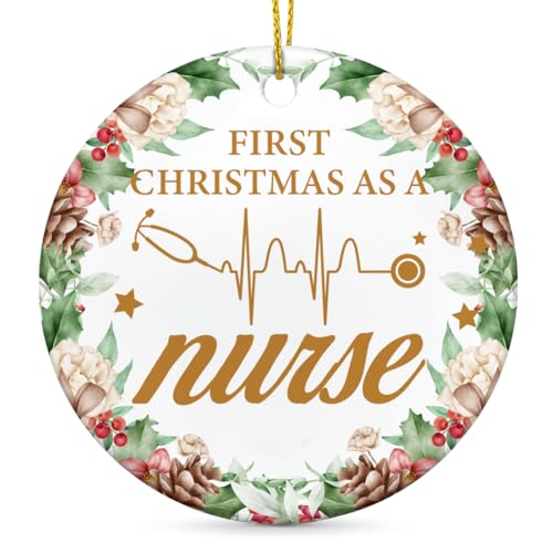 Nurse Gifts for Women Christmas Ornament, First Christmas as a Nurse Ceramic Round Ornaments Gift New Nurses Gifts for Female Keepsake Plaque Decor Xmas Tree Hanging Decorations