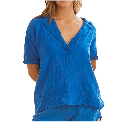 Générique Top Femme Manches Courtes Col Chemisier, Haut Léger en Mélange Coton-Lin Unie, T-Shirt Enfilade Décontracté