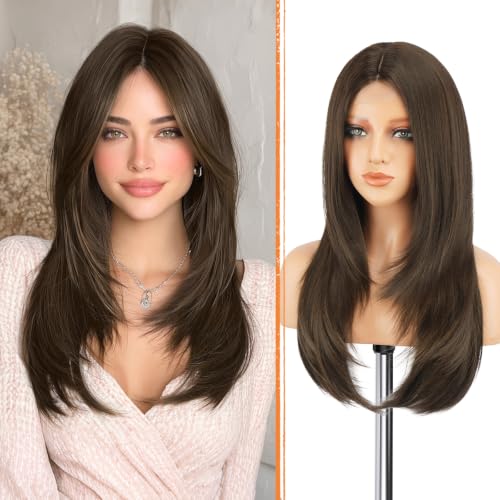 Haloo Brown Wig with Curtain Bangs - Lace Front Hairline Middle Part Long Layered Natural Looking Straight Synthetic Hair Wigs for Women Daily Party, 24 Inch Mixed Brown