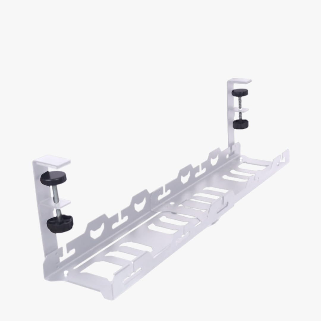 Katana Expandable/Adjustable Cable Management Under Desk Tray | Expandable Size from 40 cm to 70 cm | No Drilling, Durable, Clean Table, Flexible Cable Management Solution with Clamps. (New White)