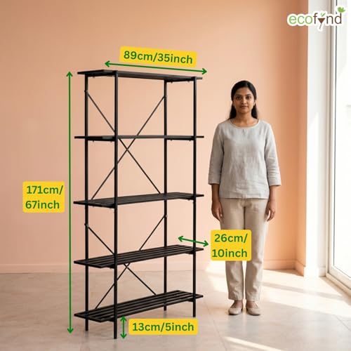 Image of ecofynd Oren Plant Stands for Outdoor Balcony, Flower Pot Stand for Indoor Plants, Large Metal Planter Stand for Living Room, Home Decor, Indoor & Outdoor Plants, 5 Tier, (PS-KR004-BLK)