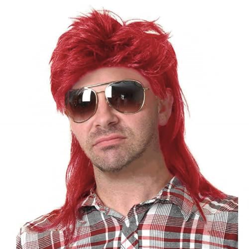 Image of Swiking Red Mullet Wigs for Men 70s 80s Disco Rocker Curly Punk Fancy Party Halloween Cosplay Costume Full Hair Wigs(Red)