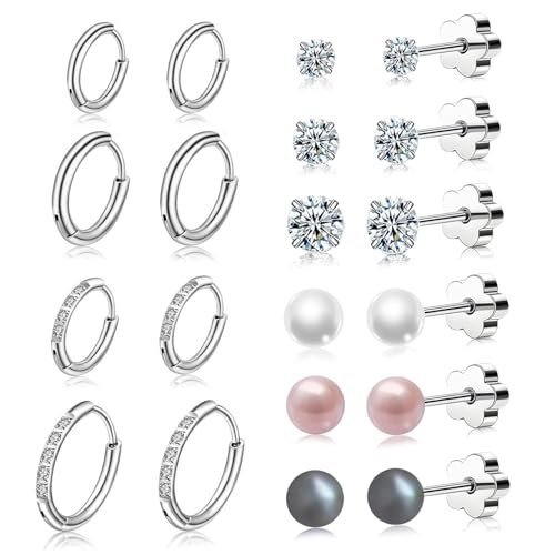 10 Pairs Small Silver Hoop Earrings for Women Hypoallergenic Surgical Stainless Steel Earrings Sets for Multiple Piercing Flat Back Stud Earrings for Cartilage Helix with Pearl & Cubic Zirconia