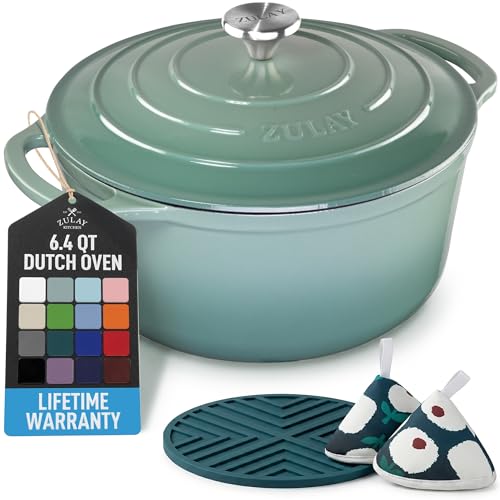 Image of Zulay Kitchen 6.4QT Enameled Cast Iron Dutch Oven Pot with Lid, Heavy-Duty Soup Pot for Stews, Braising, Roasting & Sourdough Bread Baking, Oven Safe up to 500F - Aventurine