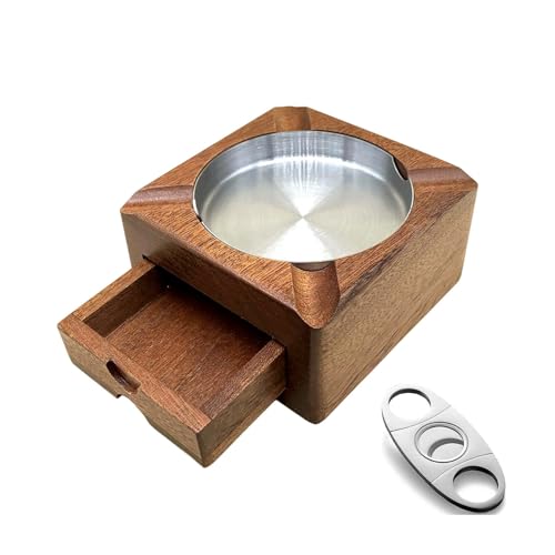 DxZephious Cigar Ashtray Wooden with Cutter, Square Ashtray 4 Slots Holder with Accessories Drawer for Indoor Outdoor Patio Home Office, Personalized Cigar Gifts for Men